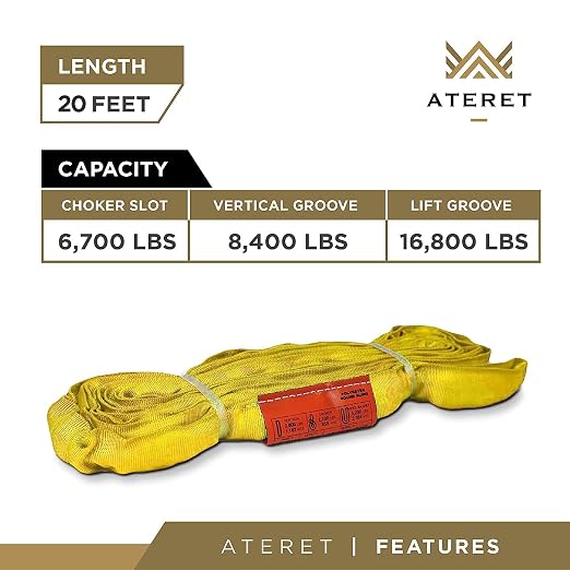 ATERET Powerlift Yellow Polyester Endless Round Sling - 20 Feet Length, 8,400 lb. Vertical Capacity, 16,800 lbs Basket - Heavy Duty Poly Lifting Sling