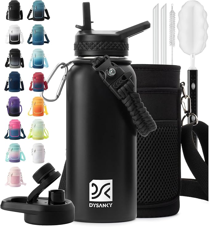 DYSANKY 32 oz Insulated Water Bottle | Thickened Stainless Steel Vacuum Metal | Portable Sports Water Jug for Gym and Hiking with Straw, Carrier Bag, Handle Strap | BPA-Free 32 oz, Black