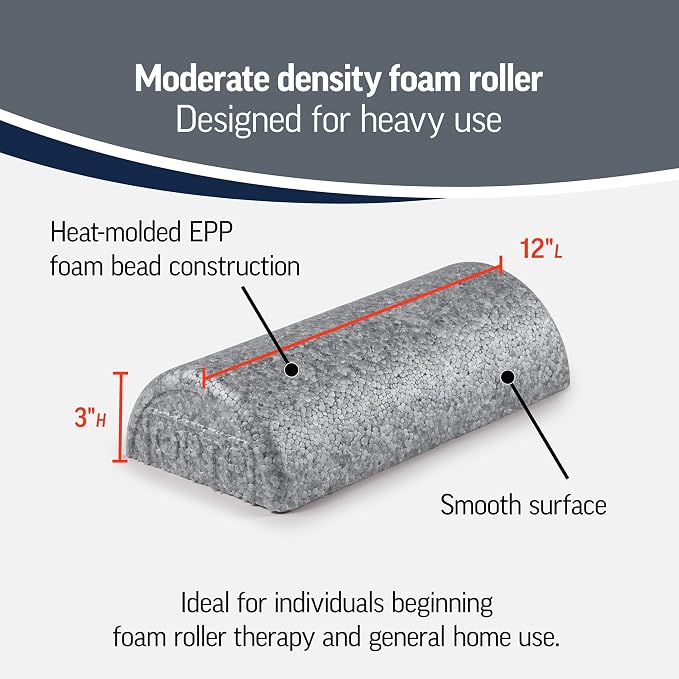 OPTP Silver AXIS Moderately Firm Foam Roller – Half-Round, Silver, 12" x 3" | Moderate density for sports medicine, physical therapy, Pilates, yoga - myofascial release on trigger points