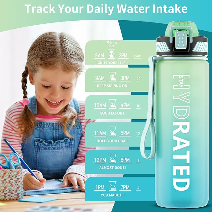 QLUR Water Bottle with Straw, 27oz Motivational Water Bottles with Time Marker to Drink, Tritan BPA Free, 750ml Sports Water Bottle with Carry Strap LeakProof for School Fitness Outdoor (1Pack)