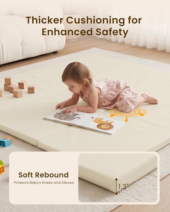 SEPARO Foldable Baby Play Mat,Vegan Leather 47x47 Baby Mat for Floor,Beige | Trifold Waterproof Playmat for Babies,Soft Foam Tumbling Mat,Wipe-Clean&Non-Slip Outdoor Mats,Playmate for Baby Tummy Time