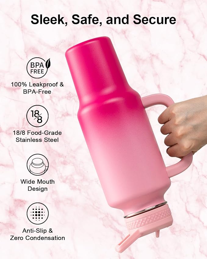 Trebo Insulated Water Bottle 40 oz Fits in Car Cup Holder with Side Handle | Stainless Steel Metal Tumbler with Straw Spout Lids, Triple-Wall Vacuum Copper Plated, Cold 48 Hrs Hot 24 Hrs for Travel, Gym