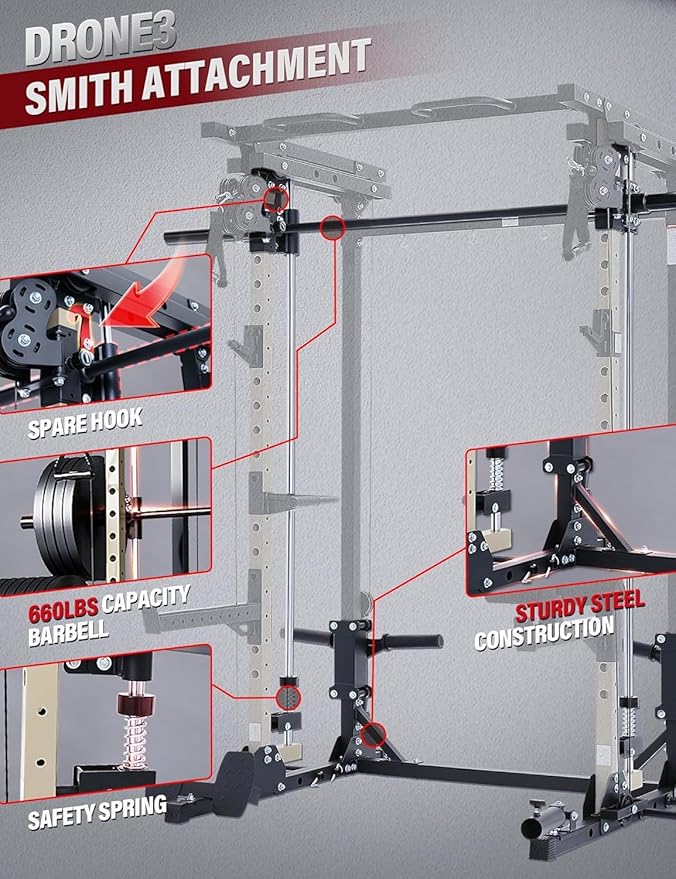 MAJOR FITNESS Drone3 Smith Machine, 2500lbs All-in-One Home Gym Power Rack with Dual Pulley System for Cable Crossover, Pull-Up Bars