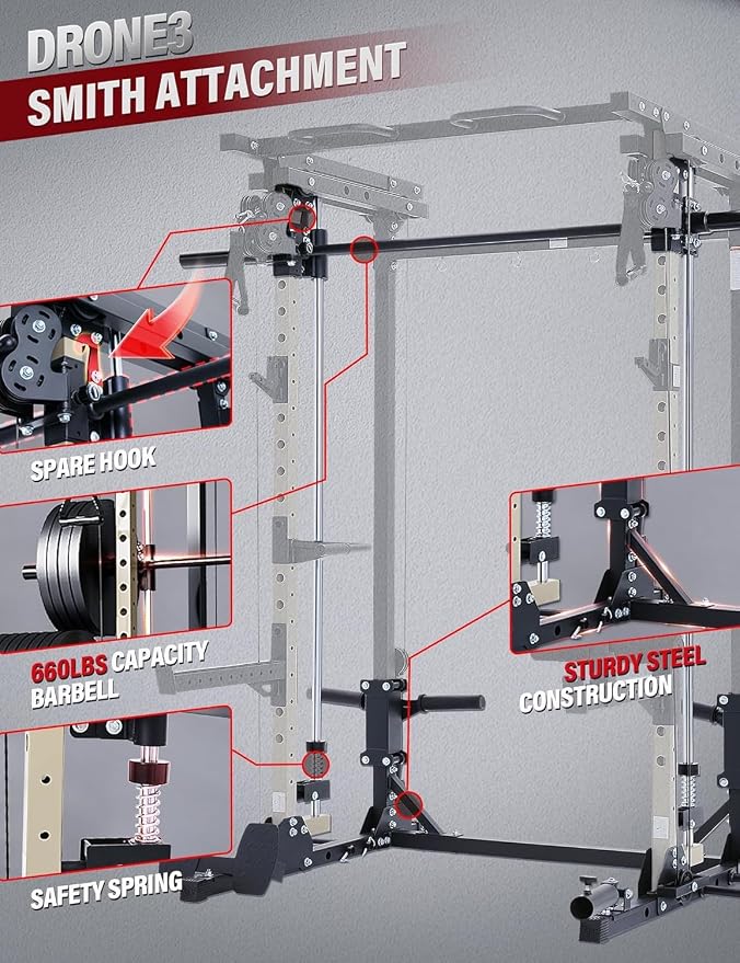 MAJOR FITNESS Drone3 Smith Machine, 2500lbs All-in-One Home Gym Power Rack with Dual Pulley System for Cable Crossover, Pull-Up Bars