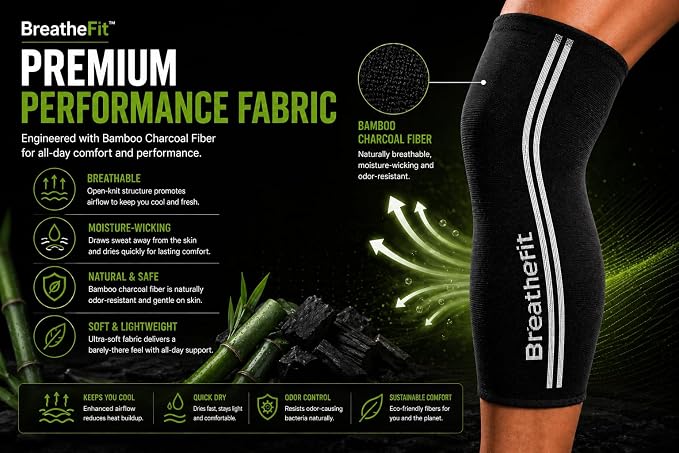 Bamboo Knee Sleeves 1Pair, Extra long, Non-Slip Silicone Grip, Premium Men & Women Knee Compression and Support