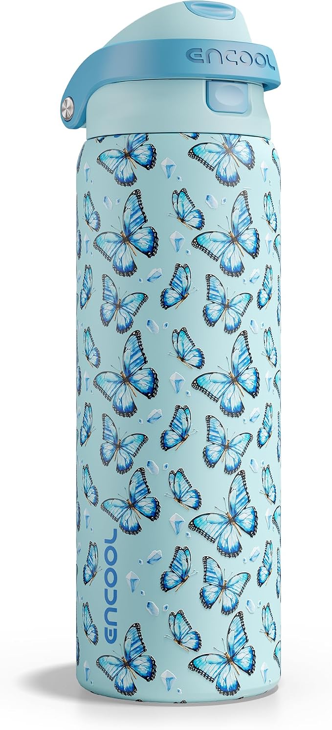 ENCOOL Leakproof Insulated Water Bottle with Straw Dual-Sip Water Bottle Bag-Safe Design for Work, Commute & Gym – Keeps Drinks Cold All Day, 32 oz, Glacier Butterfly