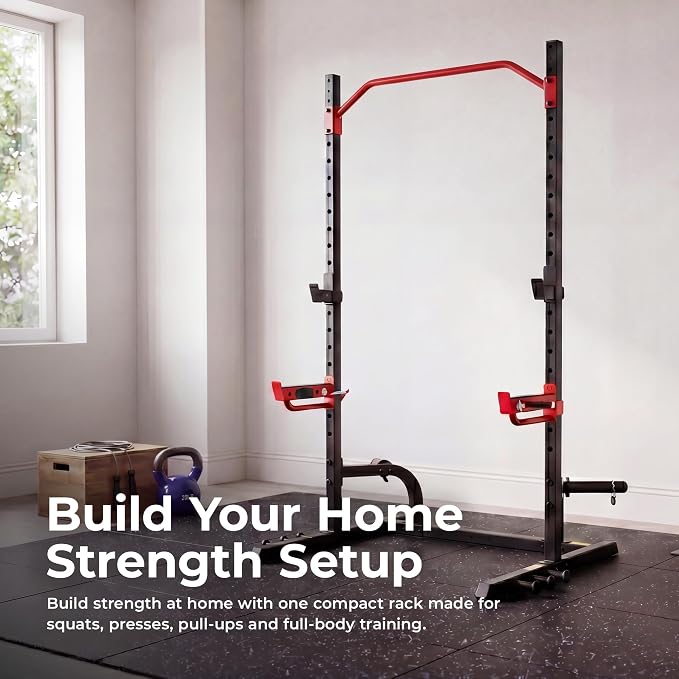 Sunny Health & Fitness Multifunctional Strength Training Home Gym – Complete Workout Equipment with Training Attachments, Optional Squat Stand, Power Rack Cage, Adjustable Incline Bench