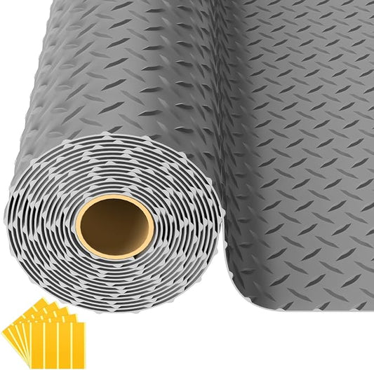 10x25 FT Garage Floor Mat, 2.8mm Thickened Diamond Plate | PVC Flooring Roll for Under Car/Garage/Warehouse/Basement/Gyms/Trailer, 250 SQFT Garage Mat, Tapes Included, Gray