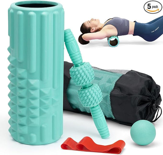 5 in 1 Foam Roller Set, High Density Patented Exercise Roller | Deep Tissue Massage Roller Stick, Massage Ball, Resistance Band for Pilates, Yoga, Whole Body Fitness Exercise,Tiffany Green