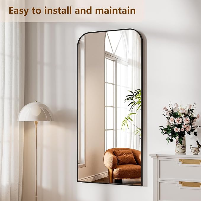 Koonmi Full Length Mirror, 65"x24" Mirror Full Length with Stand | Domed Top Square-Edged ShatterProof Floor Mirror with Black Aluminum Alloy Frame for Bedroom Living Room Home Gym
