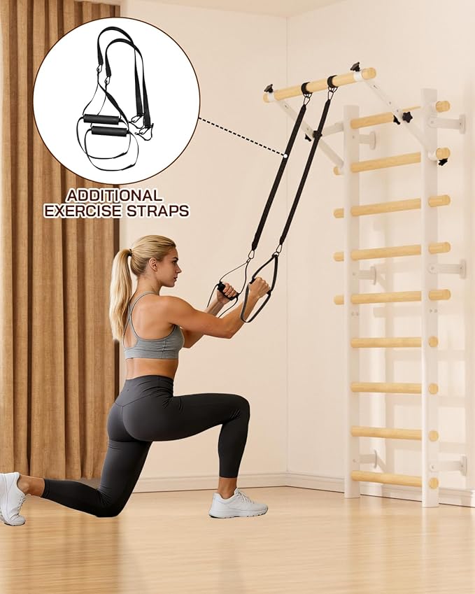 Swedish Ladder Wall Gym, Wooden Wall-Mounted Stall Bars with Pull-up Bar & Exercise Straps & Dip Bars, Stretching Ladder Full Body Home Gym Adults New