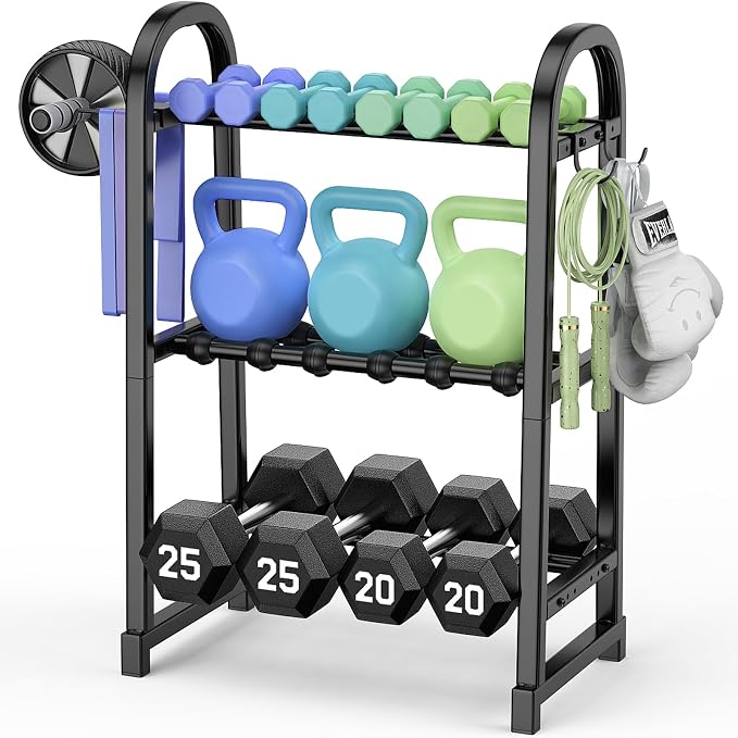 3 Tier Dumbbell Rack - Weight Rack for Home Gym: 360LB, Stand Only | Heavy Duty Adjustable Storage Rack with Hooks, Dumbbell Stand & Weight Holder, Organizer Shelf for Home Gym
