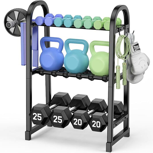 3 Tier Dumbbell Rack - Weight Rack for Home Gym: 360LB, Stand Only | Heavy Duty Adjustable Storage Rack with Hooks, Dumbbell Stand & Weight Holder, Organizer Shelf for Home Gym