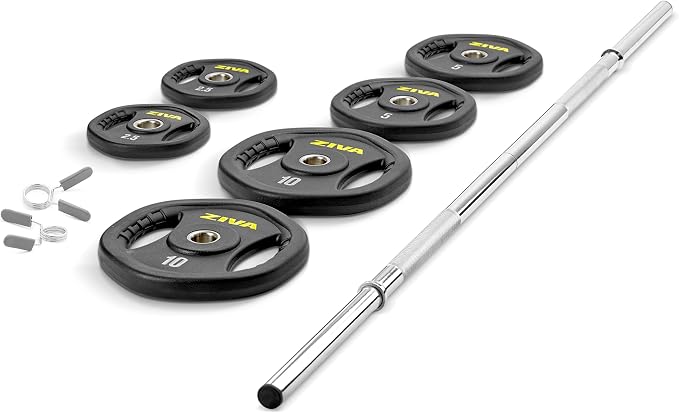ZIVA 35lb Studio Barbell Weight Set – Adjustable Home Gym Kit with Standard Rubber Urethane Plates, 5' Chrome Bar (1.18" diam) & Collars | Extra Plates Not Included