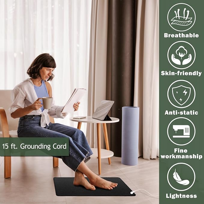 Grounding Mat Kit, 15ft Grounding Cord, Use for Ground Foot Mats, Computer Mat, Sleep Mat, Pet,Soft & Cozy, Home Use (23.6" x 13")