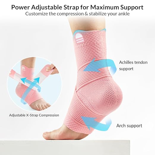 ZOELION Ankle Brace Compression Support with Removable Fishnet Strap, 3D Knit Plantar Fasciitis Relief Achilles Tendonitis Brace, Ankle Compression Sleeve for Pain Relief & Injury Healing, Pink/XL