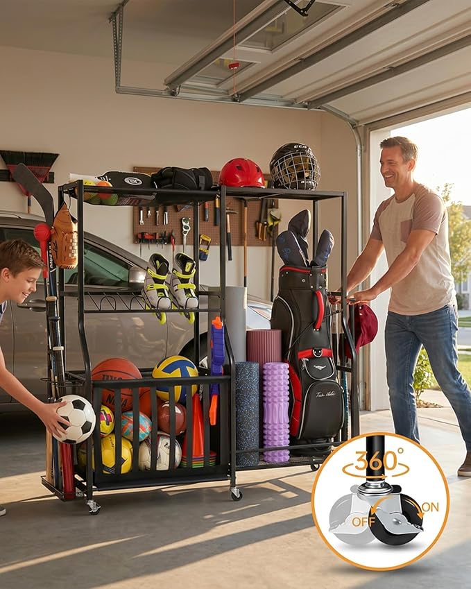 EXTCCT Garage Sports Equipment Organizer with Wheels - Golf Bag Storage Rack and Ball Storage Bins, Heavy Duty Rolling Garage Organizer System with Basket and Hooks for Indoor (Black-Large)