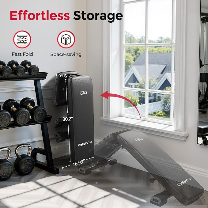 FLYBIRD WB5 Weight Bench, ASTM-Certified 800LBS Adjustable Weight Bench Workout Bench Foldable for Home Gym, 90° to -30° FID and 30in Extended Backrest for Bench Press Strength Training Exercise