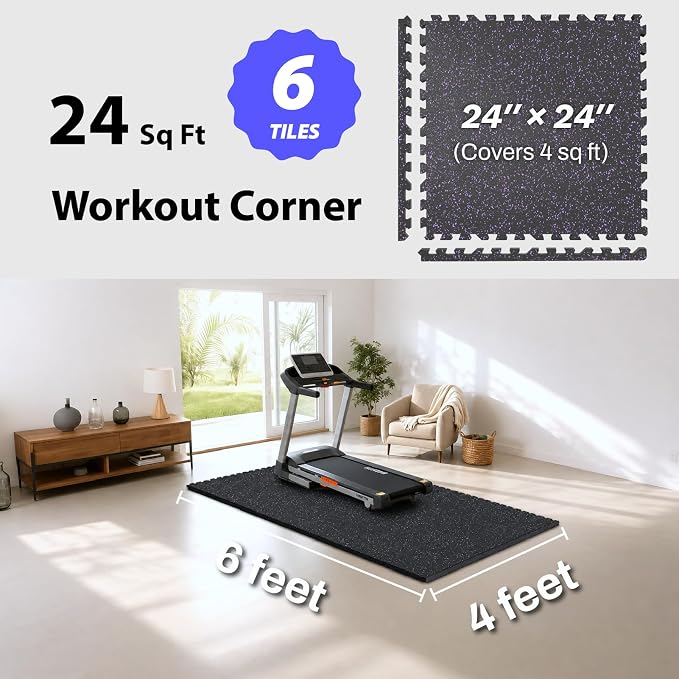AIRHOP 1" Ultra-Thick 24 Sq Ft Rubber Top Gym Flooring for Home Gym | 6 Tiles, High Density EVA Foam, Waterproof & Non-Slip Rubber, Interlocking Puzzle Mats, Heavy Duty Floor Protection, 24"x24"