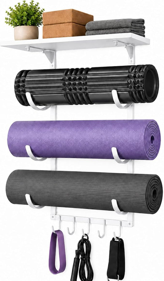Wall Mount Yoga Mat Storage Rack, Heavy Duty Iron Organizer with 3-Tier J-Hooks, Wide Top Shelf and 5-Hook Bottom Rail for Yoga Mats, Foam Rollers, Blocks and Home Gym Accessories