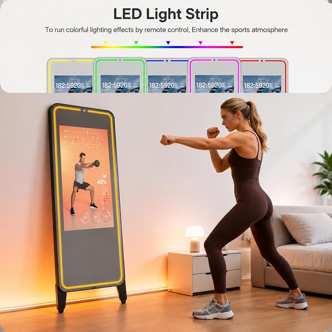 Smart Gym Mirror with 32 Inch FHD Touchscreen, Full-Length Fitness Mirror | 63" Smart Fitness Mirror with Android OS, Voice Control, Ideal for Home Gym, Yoga, Dance and Full-body Workouts