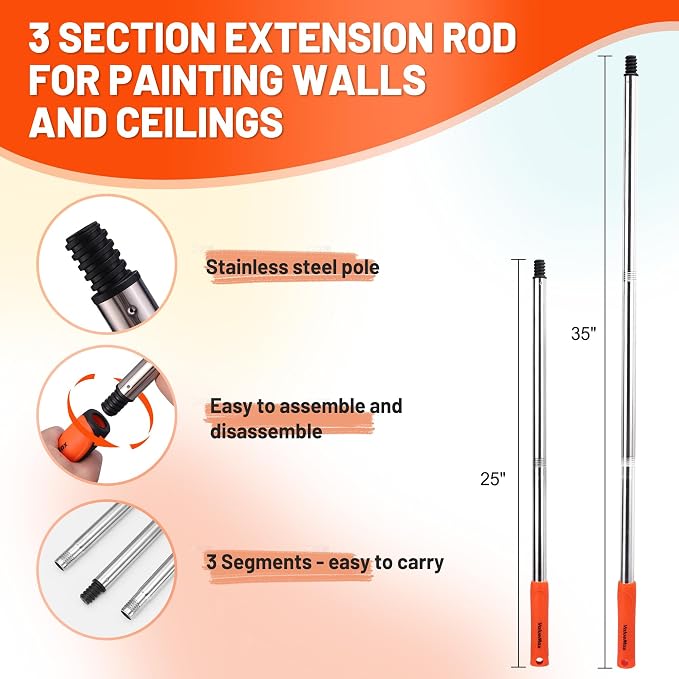 ValueMax 12PCS Paint Roller Kit with Tray, 9" & 4" Roller Frames, 6PCS Microfiber Replacement Covers 3/8" Nap, 3PCS Stainless Steel Extension Poles, for Walls, Ceilings, Floors, Furniture | 6 Microfiber Roller Covers, 3/8" Nap Thickness, Stainless Stee...