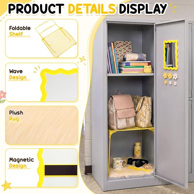 RattanView 10 Pcs Locker Accessories Kit Magnetic Acrylic Mirror Plush Rug Small Comb 6 Flower Magnet Locker Organizer for Back to School Teen Student Girl Office Work Lockers Decoration Gift(Yellow)