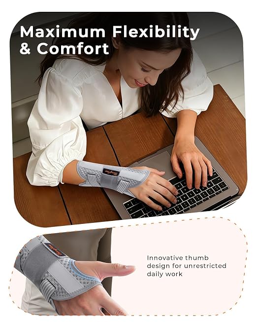 3-Splint Carpal Tunnel Wrist Brace Night Support, Left Hand Pain Relief | Adjustable Hand Brace for Tendonitis, Arthritis, Sprains & Strains, Wrist Support for Women & Men, Gray, S/M