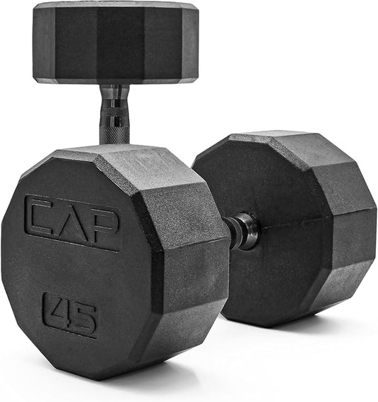 CAP Rubber Coated Dumbbell Weights, Free Weights for Home Gym Strength Training, Anti-Roll Hex Dumbbells with Black, Chrome & Comfort Grip Handles, Pairs & Sets