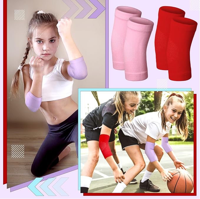 Lenwen 4 Pairs Kids Elbow Brace Compression Arm Elbow Sleeve Knit Guard Gym Protectors for Boys Teen Children Girls Basketball Volleyball Tennis Cycling(5-10 Years,Light Pink, Red, White, Purple)