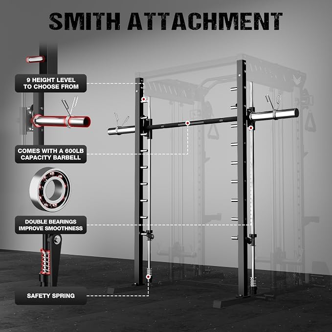 JELENS M21 Smith Machine, Multi-Function Power Cage with Dual Pulley Cable Crossover System, 2000LBS All-in-One Squat Rack with Smith Bar and Attachments for Home Gym