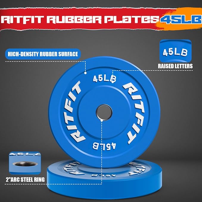 RitFit Color Coded Bumper Plate, Olympic Bumper Plate for Barbell, 2-Inch Bumper Weight Plates With Steel Insert, rubber weight plates for Strength Training in Home Gym