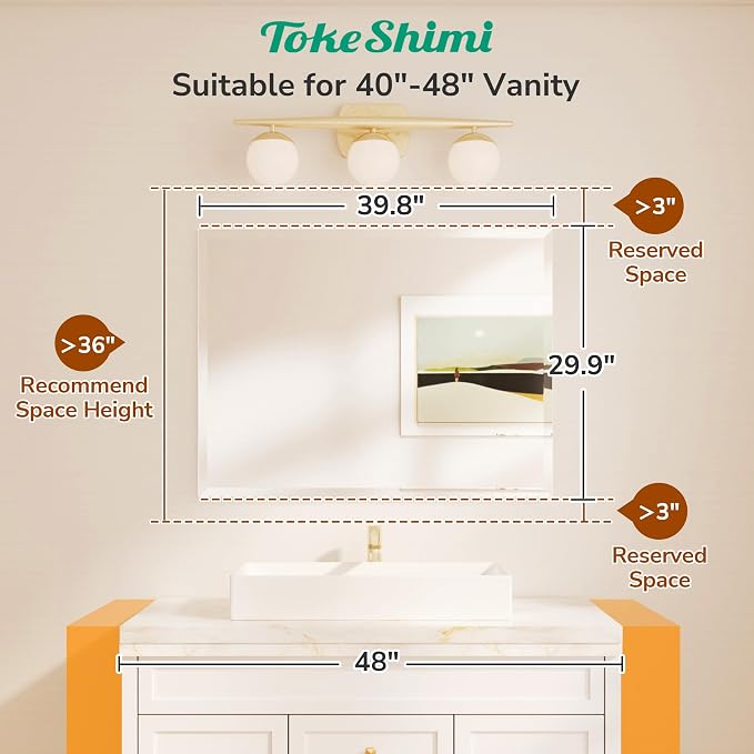 40x30 Frameless Mirror Bathroom Rectangle, Bathroom Vanity Mirror Beveled with 1" Beveled Edge, Shatterproof Farmhouse Mirrored Wall Mounted for Living Room, Entryway, Restroom