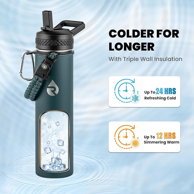 RAYMYLO Insulated Water Bottle 24 oz, Triple Wall Vacuum Stainless Steel | (Cold for 24Hrs, Hot for 12Hrs), Leak Proof & Non-BPA, Modern Water Flask Jug with Paracord Handle & Straw Spout Lids
