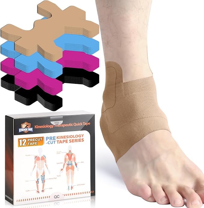 KTQUICK Precut Kinesiology Tape for Ankle,12PCS,20% Stronger Adhesive,Beige | Ankle Support Tape with Premium Cotton, Breathable, Waterproof, Latex-Free Athletic Tape for Running, Training & Hiking