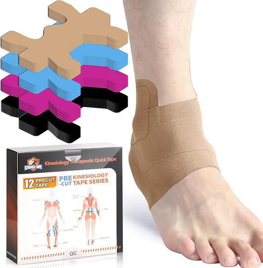 KTQUICK Precut Kinesiology Tape for Ankle,12PCS,20% Stronger Adhesive,Beige | Ankle Support Tape with Premium Cotton, Breathable, Waterproof, Latex-Free Athletic Tape for Running, Training & Hiking