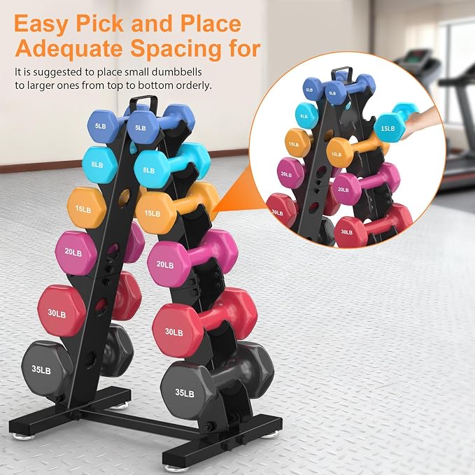TomCare 6-Tier|5-Tier|4-Tier|2-Tier Dumbbell Rack Stand Only for Home Gym | Stable A-Frame, Fits 5–35 lb Dumbbells, Protective Padded Cradles, Adjustable Feet, Easy-Carry Handle (Stand Only)