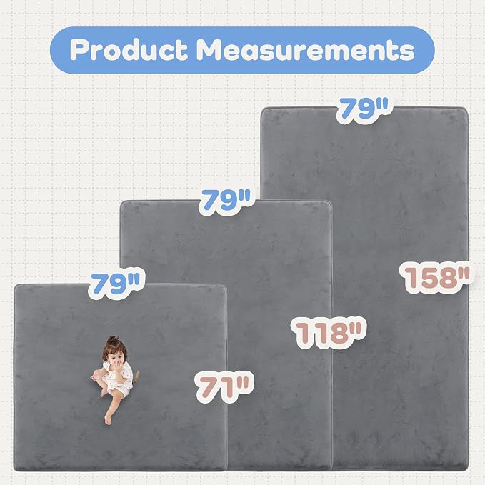 1.3" Thick Baby Floor Play Mat 71x79, Basic Padded Foam Mat for Tummy Time Crawling, Non Slip Cushioned for Babies Toddlers Infants Kids (Dark Grey)