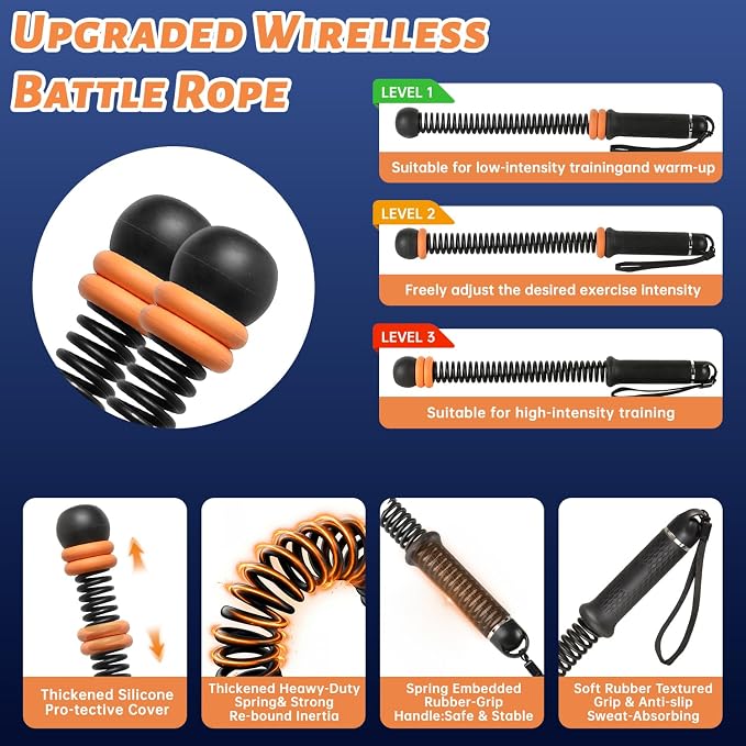 Black Cordless Battle Ropes, Adjustable Weight for Men & Women | Upgraded Ropeless Battle Ropes for Home Gym, Portable Arm Exerciser for Strength Building, HIIT & Low-Impact Aerobic Training