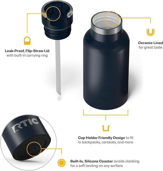RTIC Little Journey Water Bottle with Straw, Ceramic Lined, Navy | Stainless Steel Metal, Insulated for Hot and Cold Drinks, Sports, Travel and Camping