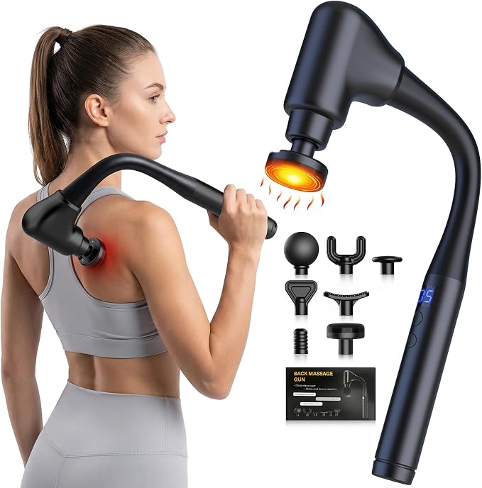 AERLANG Massager Gun with Heat Massage Gun with Extension Handle Fathers Day Gift for him Dad Back Massager Deep Tissue Muscle Massager Portable Percussion Massage Gun 10 Speeds& 7 Massage Heads | Muscle Massage Gun with Extension Handle Silent brushle...