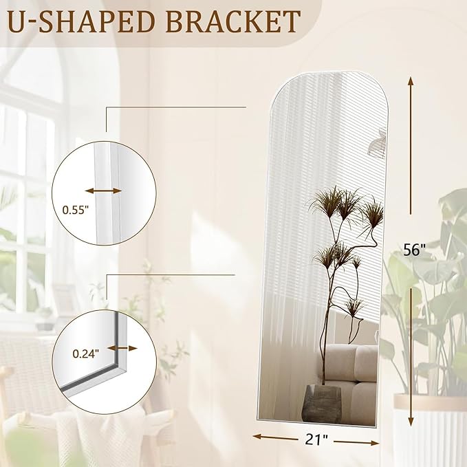 Koonmi Full Length Mirror, 56"x21" Mirror Full Length with Stand | Domed Top Square-Edged ShatterProof Floor Mirror with Sliver Aluminum Alloy Frame for Bedroom Living Room Home Gym