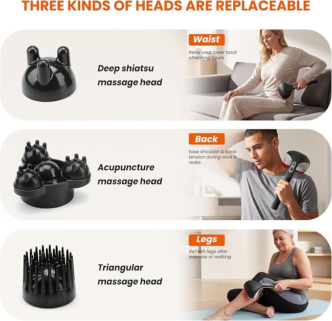 Snailax Cordless Handheld Back Massager with Heat, Deep Tissue Percussion Massager, 3 Sets of Dual Pivoting Heads,Rechargeable Hand Held Massager for Neck,Back Shoulder,Calf,Legs