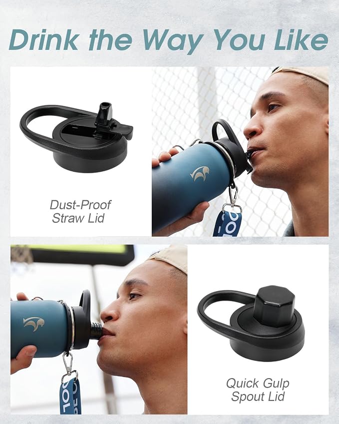 Coolflask 32 oz Water Bottle Insulated Stainless Steel with Strap | Metal Water Flask with Straw & Spout Lids, Triple-Wall, Cold 48+h, Dishwasher Safe, Leakproof, BPA-Free, for Gym & Hiking