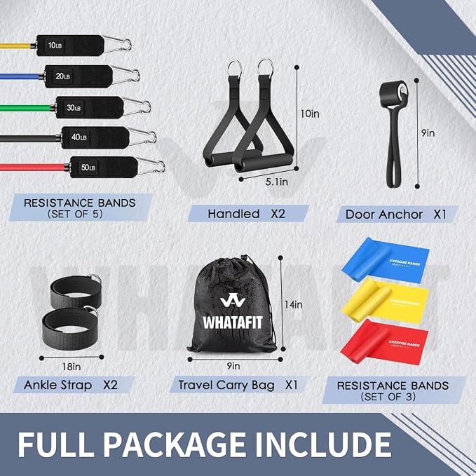 WHATAFIT Resistance Bands with Handles, 5-Level Exercise Bands for Workout | Natural latex,10-50 lbs, stackable to 150,Ankle Straps, Door Anchor,Guide. For Strength, Yoga,Home Gym,Travel & Workout.