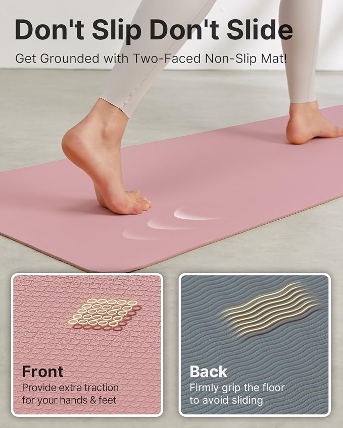 Yoga Mat,Non-Slip TPE Exercise Mat(1/4 Inch) for Pilates, Fitness & Barefoot Workouts, Home Gym Studio with Strap & Bag