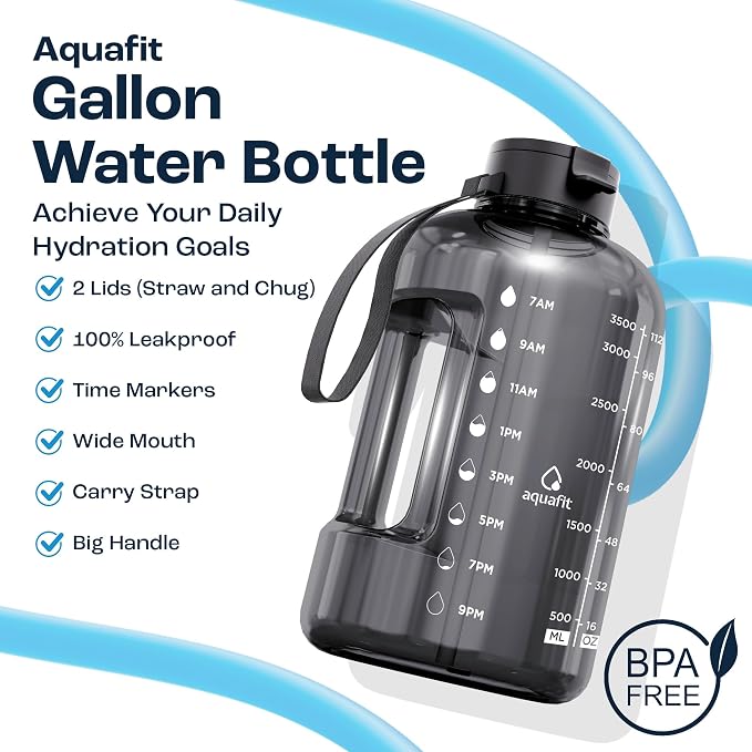 AQUAFIT 1 Gallon Water Bottle with Time Marker | BPA Free 128 oz Water Bottle with Straw and Chug Lids - Leakproof Gym Water Bottle with Carry Handle (Midnight Gray)