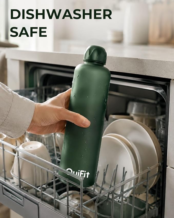 Slim Water Bottle 32 OZ with Stainless Steel Lid, Dishwasher Safe 1 Liter Plastic Water Bottle BPA-Free, Leakproof Lightweight with Time Marker, Reusable for Running School Sport Gym Travel Hiking