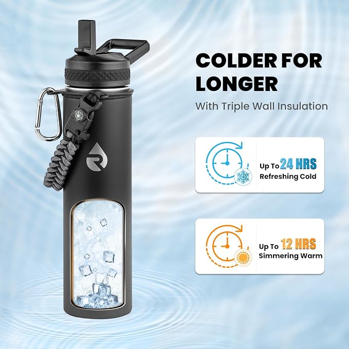 RAYMYLO Insulated Water Bottle 24 oz, Triple Wall Vacuum Stainless Steel | (Cold for 24Hrs, Hot for 12Hrs), Leak Proof & Non-BPA, Modern Water Flask Jug with Paracord Handle & Straw Spout Lids