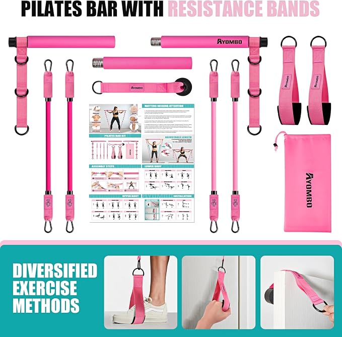 Ayombo Pilates Bar Kit with Resistance Bands, Pilates Workout Equipment for Legs, Hip, Waist, Arm, Squats Exercise Equipment for Home Workouts, Adjustable 3-Section Pilates Bar Kit for Women & Men